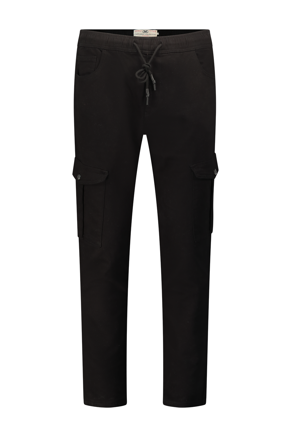 Black cargo pants with elastic and drawstring