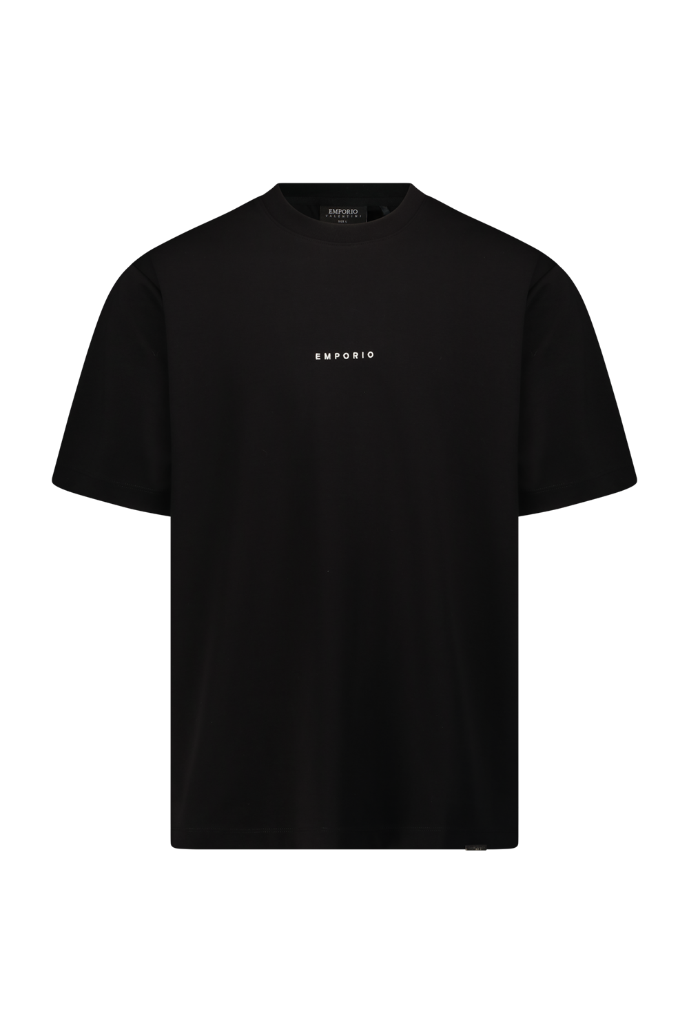 Black oversized T-shirt with "EMPORIO" front logo and smaller back logo
